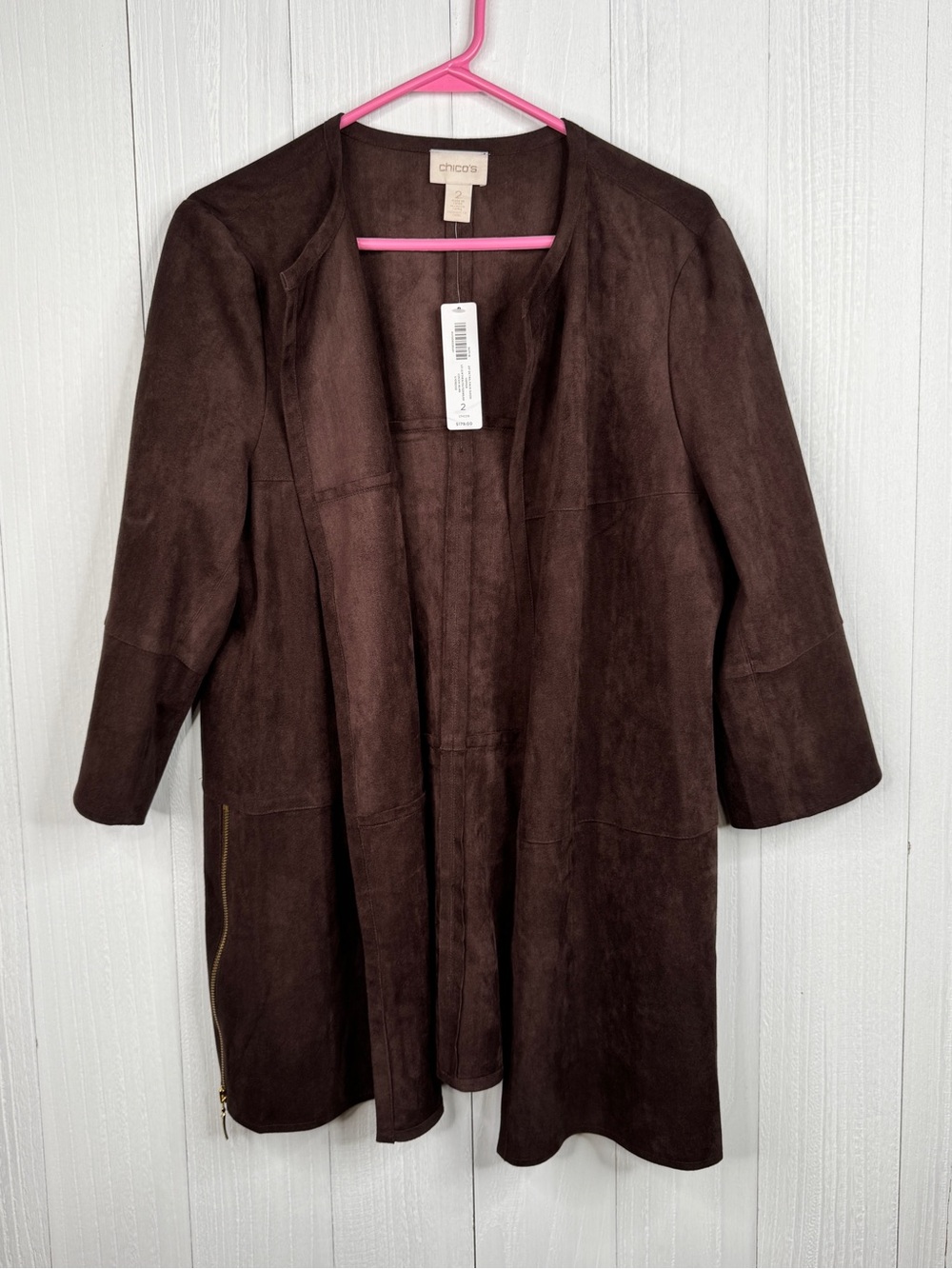 Chico's Brown Faux Suede Open Front Jacket Cardigan Coat 3/4 Sleeve Size 2